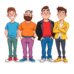 A lively 2D cartoon illustration featuring four men standing in a line, each displaying unique outfits in different vibrant colors