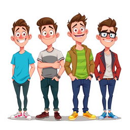 A lively 2D cartoon illustration featuring four men standing in a line, each displaying unique outfits in different vibrant colors