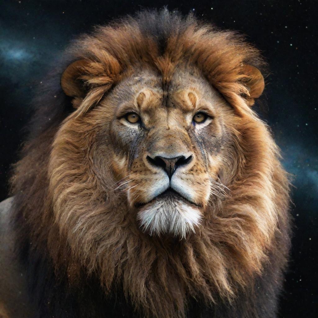 A majestic, ultra-strong lion composed entirely of galactic elements and cosmic dust, set against the backdrop of outer space.