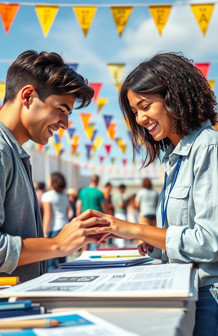 A serene scene depicting two young adults working together on design and journalism tasks at a vibrant outdoor event, with beautiful blue skies and a festive atmosphere