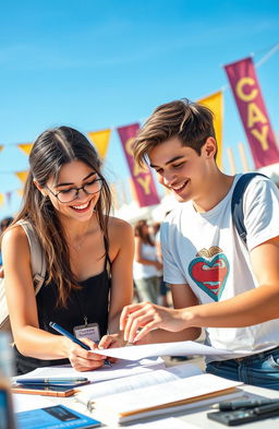 A serene scene depicting two young adults working together on design and journalism tasks at a vibrant outdoor event, with beautiful blue skies and a festive atmosphere