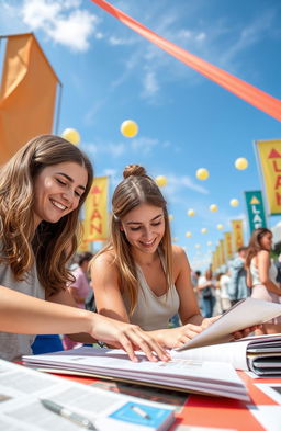 A serene scene depicting two young adults working together on design and journalism tasks at a vibrant outdoor event, with beautiful blue skies and a festive atmosphere