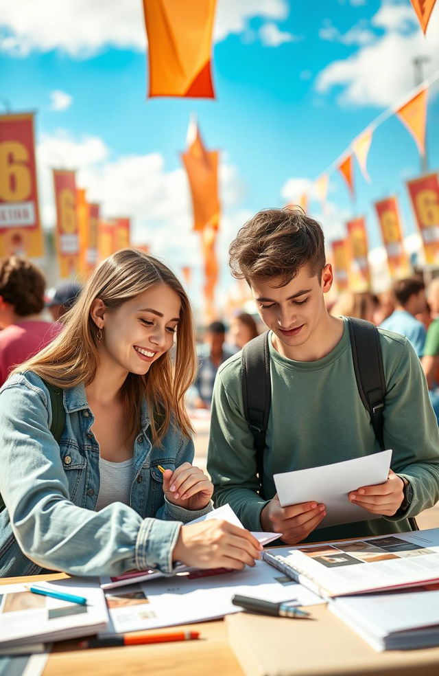 A serene scene depicting two young adults working together on design and journalism tasks at a vibrant outdoor event, with beautiful blue skies and a festive atmosphere