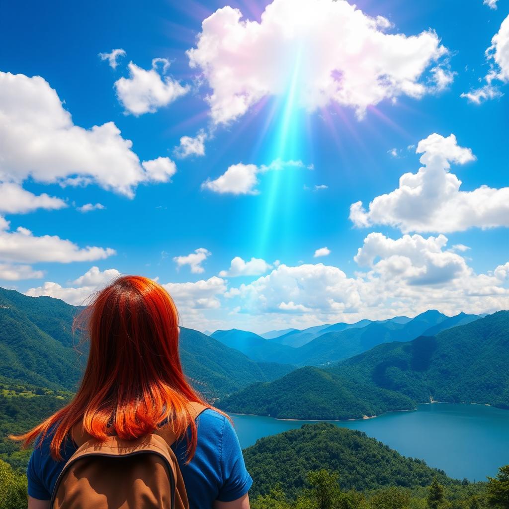 A vibrant blue sky filled with fluffy white and pink clouds, a bright blue light beam piercing through the sky with surrounding red and yellow rays