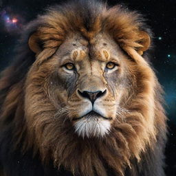 A majestic, ultra-strong lion composed entirely of galactic elements and cosmic dust, set against the backdrop of outer space.