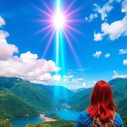 A vibrant blue sky filled with fluffy white and pink clouds, a bright blue light beam piercing through the sky with surrounding red and yellow rays