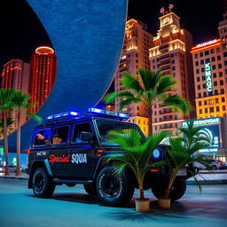 A GAZ Tigr 4X4 in sleek black color, equipped with bright blue sirens on top