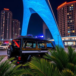 A GAZ Tigr 4X4 in sleek black color, equipped with bright blue sirens on top