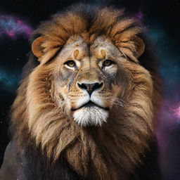 A majestic, ultra-strong lion composed entirely of galactic elements and cosmic dust, set against the backdrop of outer space.