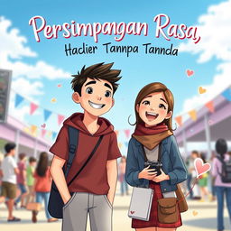 A whimsical animated book cover for 'Persimpangan Rasa, Hadir Tanpa Tanda' featuring two young characters, a male and a female, standing together with a backdrop of a vibrant outdoor event under a clear blue sky