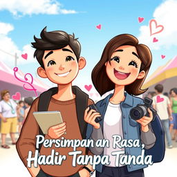 A whimsical animated book cover for 'Persimpangan Rasa, Hadir Tanpa Tanda' featuring two young characters, a male and a female, standing together with a backdrop of a vibrant outdoor event under a clear blue sky