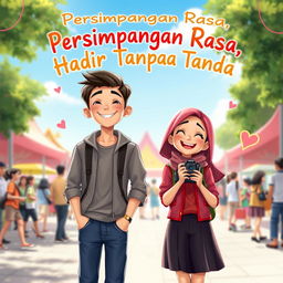 A whimsical animated book cover for 'Persimpangan Rasa, Hadir Tanpa Tanda' featuring two young characters, a male and a female, standing together with a backdrop of a vibrant outdoor event under a clear blue sky