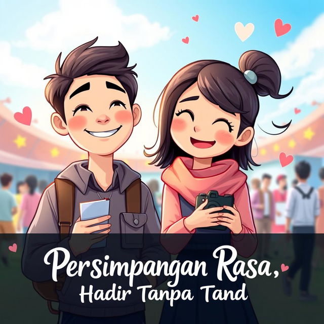 A whimsical animated book cover for 'Persimpangan Rasa, Hadir Tanpa Tanda' featuring two young characters, a male and a female, standing together with a backdrop of a vibrant outdoor event under a clear blue sky