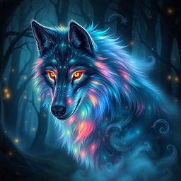 A mystical spirit wolf with ethereal, glowing fur that shimmers in a myriad of colors