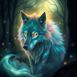 A mystical spirit wolf with ethereal, glowing fur that shimmers in a myriad of colors