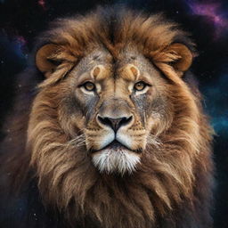 A majestic, ultra-strong lion composed entirely of galactic elements and cosmic dust, set against the backdrop of outer space.