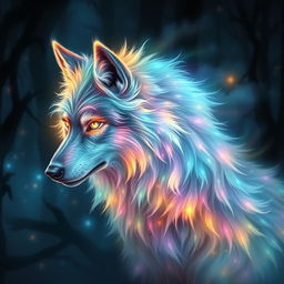 A mystical spirit wolf with ethereal, glowing fur that shimmers in a myriad of colors