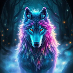 A mystical spirit wolf with ethereal, glowing fur that shimmers in a myriad of colors