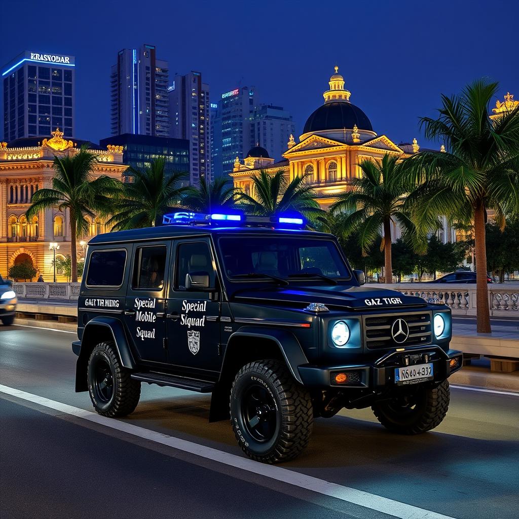 A black GAZ Tigr 4X4 vehicle with blue sirens, featuring white inscriptions reading 'Special Mobile Squad' on its sides