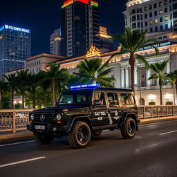 A black GAZ Tigr 4X4 vehicle with blue sirens, featuring white inscriptions reading 'Special Mobile Squad' on its sides