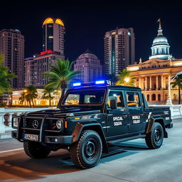 A black GAZ Tigr 4X4 vehicle with blue sirens, featuring white inscriptions reading 'Special Mobile Squad' on its sides