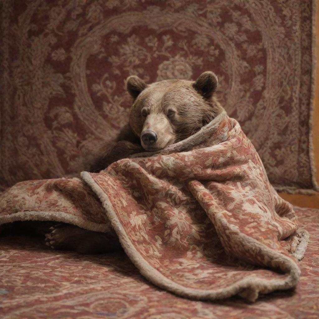 A peacefully sleeping bear snugly wrapped in a cozy blanket, with an ornate carpet hanging on the wall behind it.