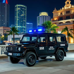 A black GAZ Tigr 4X4 vehicle with blue sirens, featuring white inscriptions reading 'Special Mobile Squad' on its sides