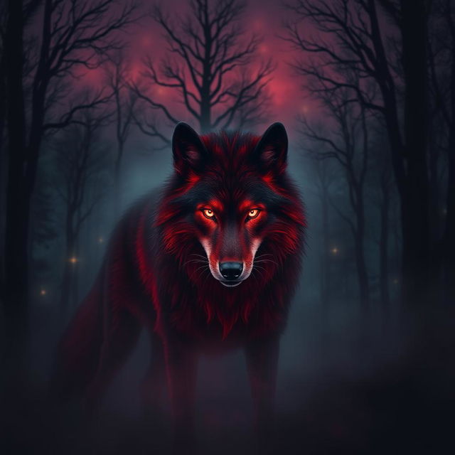 A mystical spirit wolf with fur in deep shades of red and black, creating a striking and powerful presence