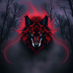 A mystical spirit wolf with fur in deep shades of red and black, creating a striking and powerful presence