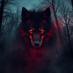 A mystical spirit wolf with fur in deep shades of red and black, creating a striking and powerful presence