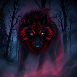 A mystical spirit wolf with fur in deep shades of red and black, creating a striking and powerful presence