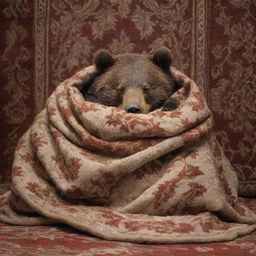 A peacefully sleeping bear snugly wrapped in a cozy blanket, with an ornate carpet hanging on the wall behind it.