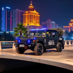 A GAZ black Tigr 4X4 vehicle, resembling an HMMWV, positioned on the White Marble Bridge at midnight