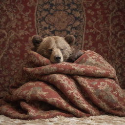 A peacefully sleeping bear snugly wrapped in a cozy blanket, with an ornate carpet hanging on the wall behind it.