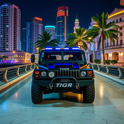 A GAZ black Tigr 4X4 vehicle, resembling an HMMWV, positioned on the White Marble Bridge at midnight