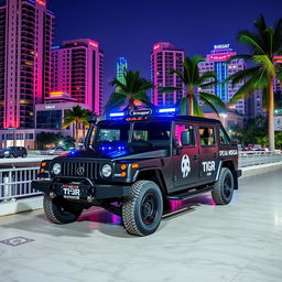 A GAZ black Tigr 4X4 vehicle, resembling an HMMWV, positioned on the White Marble Bridge at midnight