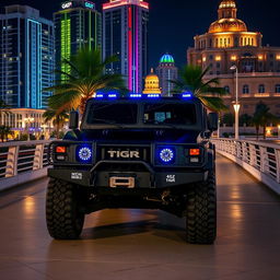 A GAZ black Tigr 4X4 vehicle, resembling an HMMWV, positioned on the White Marble Bridge at midnight