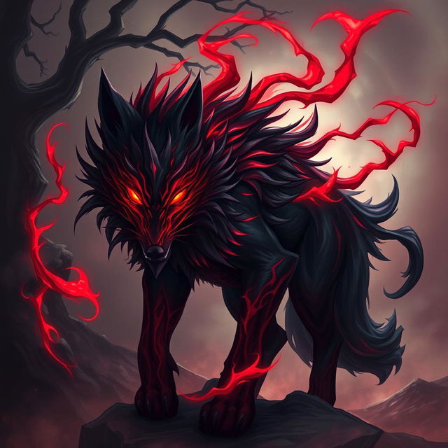 A fierce rendition of Kindred from League of Legends, depicted as a mystical wolf with a striking blend of deep red and black colors