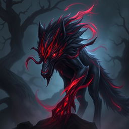 A fierce rendition of Kindred from League of Legends, depicted as a mystical wolf with a striking blend of deep red and black colors