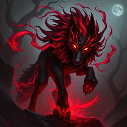 A fierce rendition of Kindred from League of Legends, depicted as a mystical wolf with a striking blend of deep red and black colors