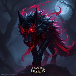 A fierce rendition of Kindred from League of Legends, depicted as a mystical wolf with a striking blend of deep red and black colors