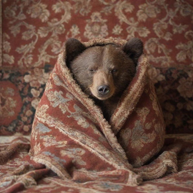 A peacefully sleeping bear snugly wrapped in a cozy blanket, with an ornate carpet hanging on the wall behind it.