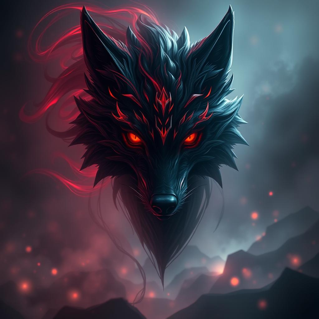 A captivating representation of Kindred's wolf form from League of Legends, depicted in a ghostly manner with a focus on its head and face, completely void of a body