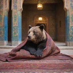 A large, peaceful bear dozing under a cozy blanket amidst the richly patterned Iranian architecture and vivid colors of a historic Persian setting.