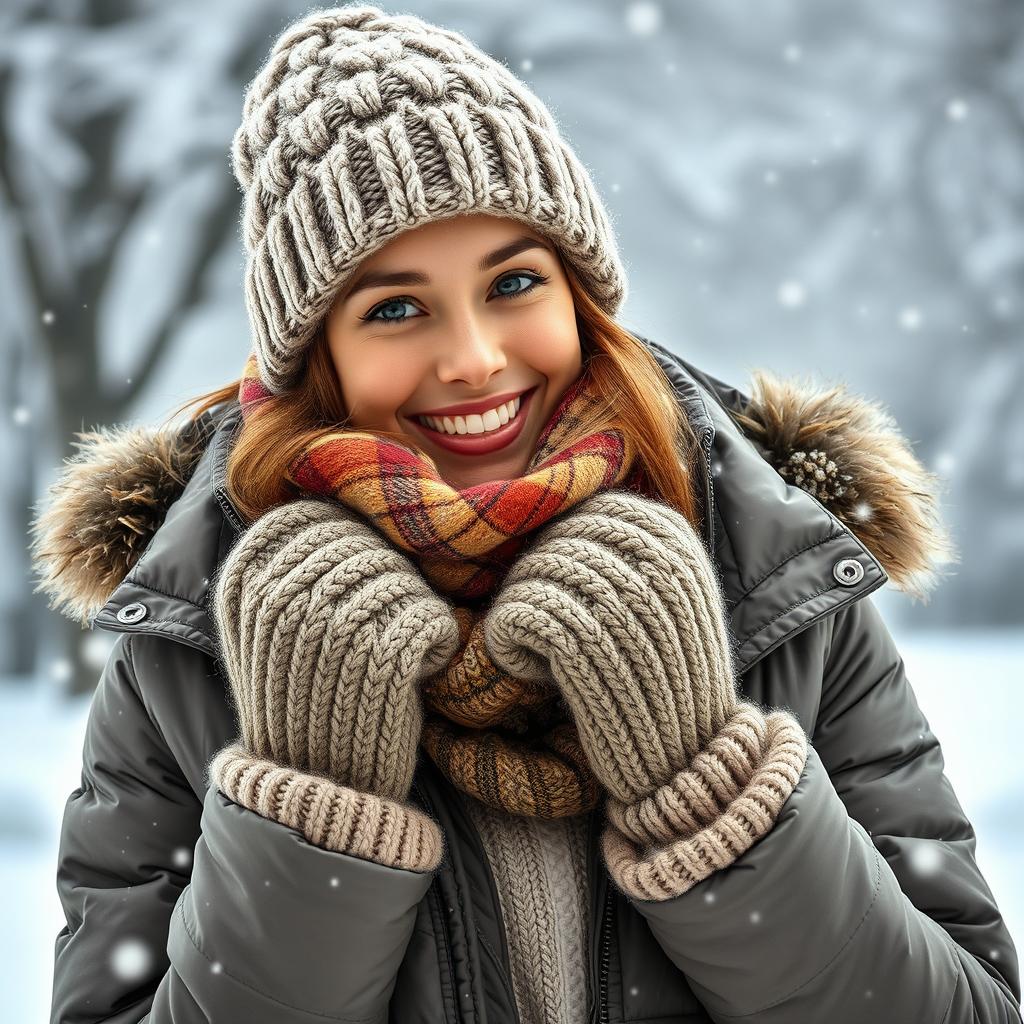 A young woman bundled up in warm, thick winter clothes, featuring a cozy oversized sweater, a knit hat, and a stylish puffer jacket