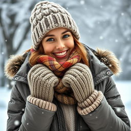 A young woman bundled up in warm, thick winter clothes, featuring a cozy oversized sweater, a knit hat, and a stylish puffer jacket