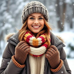 A young woman bundled up in warm, thick winter clothes, featuring a cozy oversized sweater, a knit hat, and a stylish puffer jacket