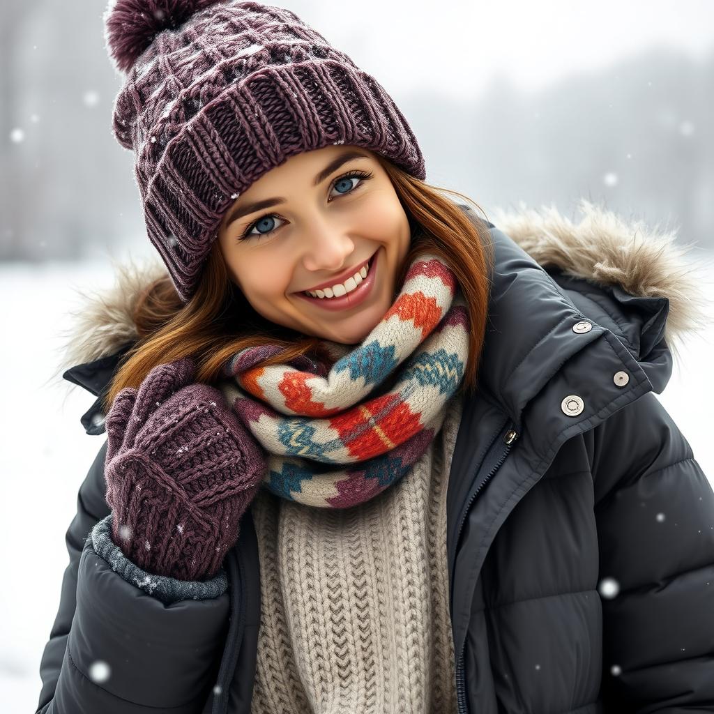 A young woman bundled up in warm, thick winter clothes, featuring a cozy oversized sweater, a knit hat, and a stylish puffer jacket