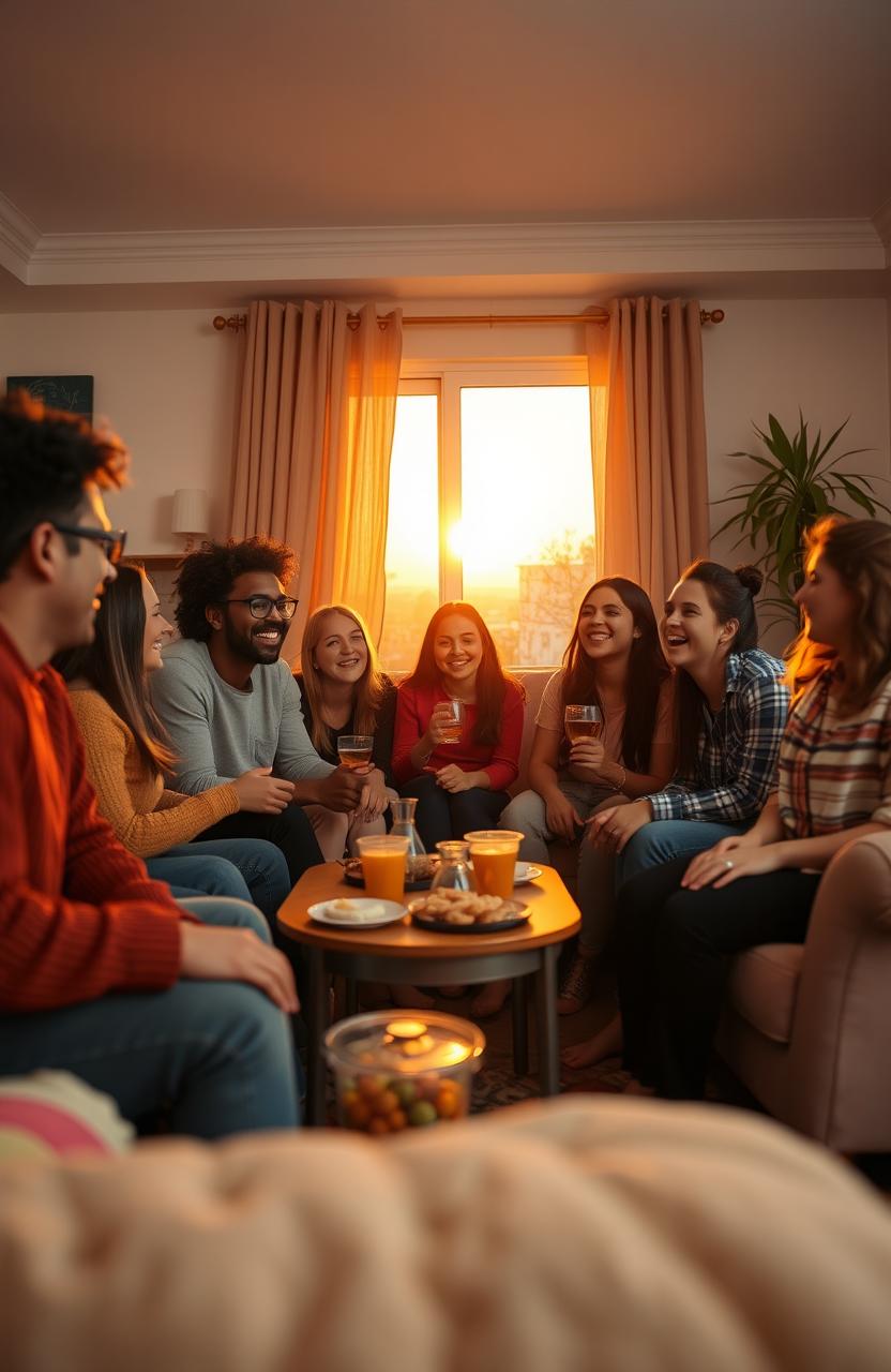 A cozy gathering of friends in a warm, inviting living room setting