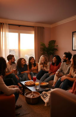 A cozy gathering of friends in a warm, inviting living room setting